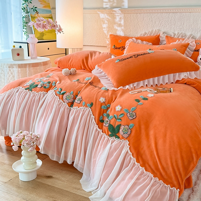 91家纺网 家纺一手货源 找家纺 唐人居 2025新款高克重牛奶绒毛巾绣四件套--繁花 繁花-橘橙