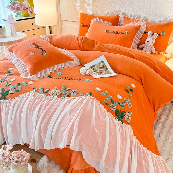 91家纺网 家纺一手货源 找家纺 唐人居 2025新款高克重牛奶绒毛巾绣四件套--繁花 繁花-橘橙