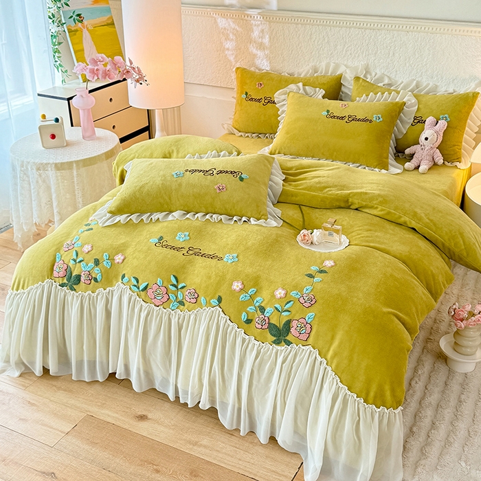 91家纺网 家纺一手货源 找家纺 唐人居 2025新款高克重牛奶绒毛巾绣四件套--繁花 繁花-黄色