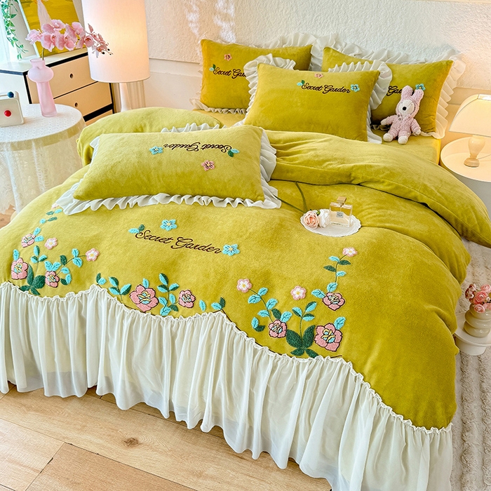 91家纺网 家纺一手货源 找家纺 唐人居 2025新款高克重牛奶绒毛巾绣四件套--繁花 繁花-黄色