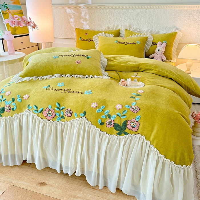 91家纺网 家纺一手货源 找家纺 唐人居 2025新款高克重牛奶绒毛巾绣四件套--繁花 繁花-黄色