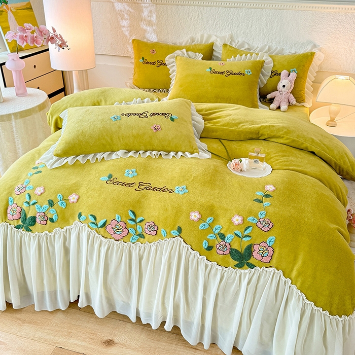 91家纺网 家纺一手货源 找家纺 唐人居 2025新款高克重牛奶绒毛巾绣四件套--繁花 繁花-黄色