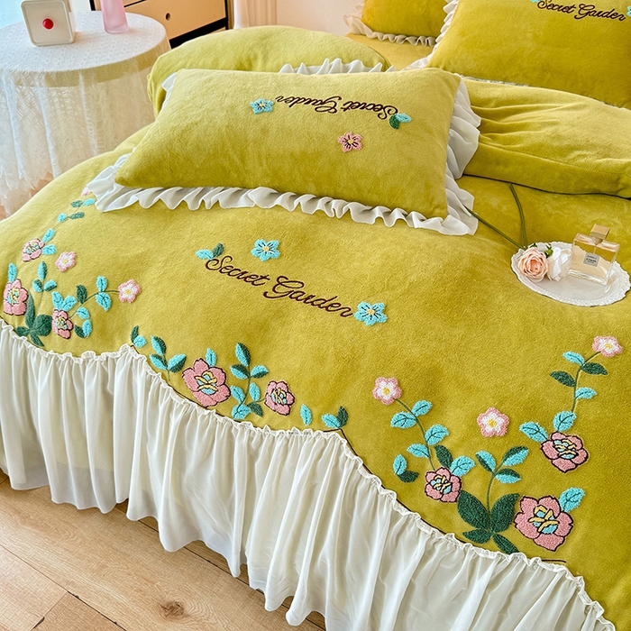 91家纺网 家纺一手货源 找家纺 唐人居 2025新款高克重牛奶绒毛巾绣四件套--繁花 繁花-黄色