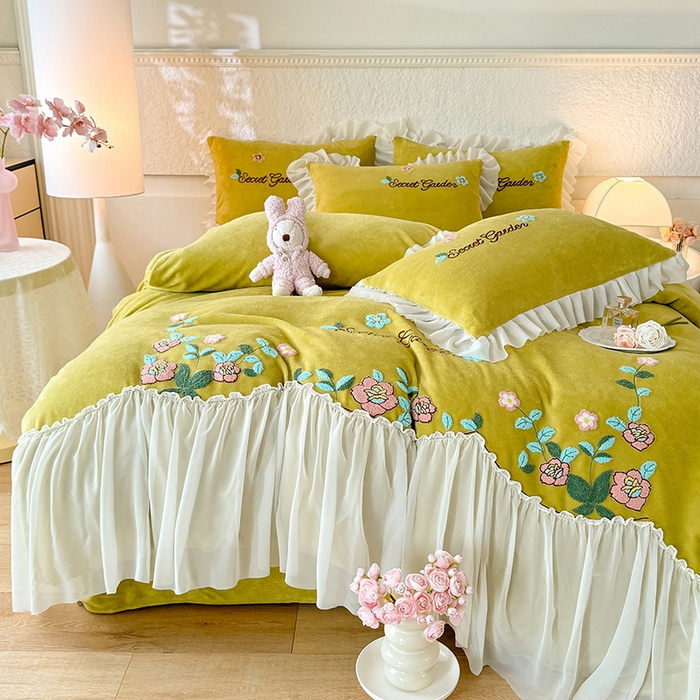 91家纺网 家纺一手货源 找家纺 唐人居 2025新款高克重牛奶绒毛巾绣四件套--繁花 繁花-黄色