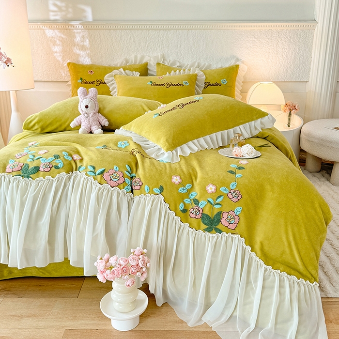 91家纺网 家纺一手货源 找家纺 唐人居 2025新款高克重牛奶绒毛巾绣四件套--繁花 繁花-黄色