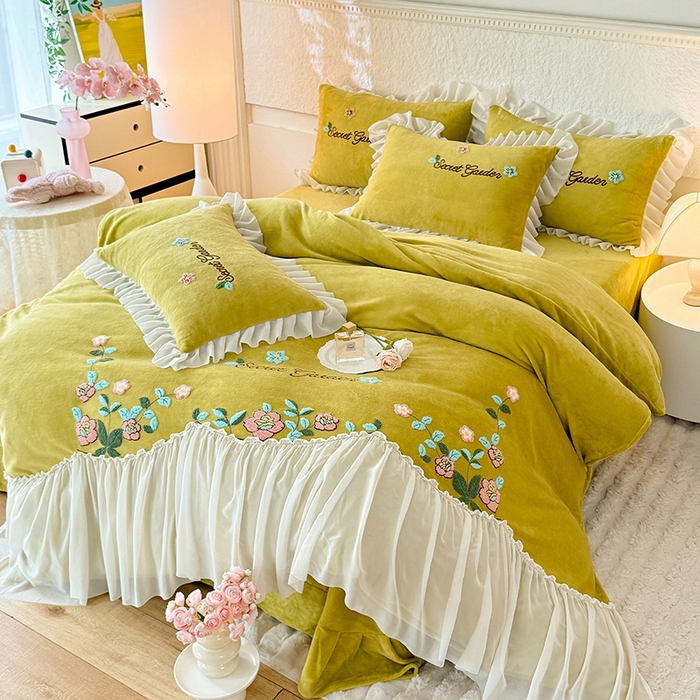 91家纺网 家纺一手货源 找家纺 唐人居 2025新款高克重牛奶绒毛巾绣四件套--繁花 繁花-黄色