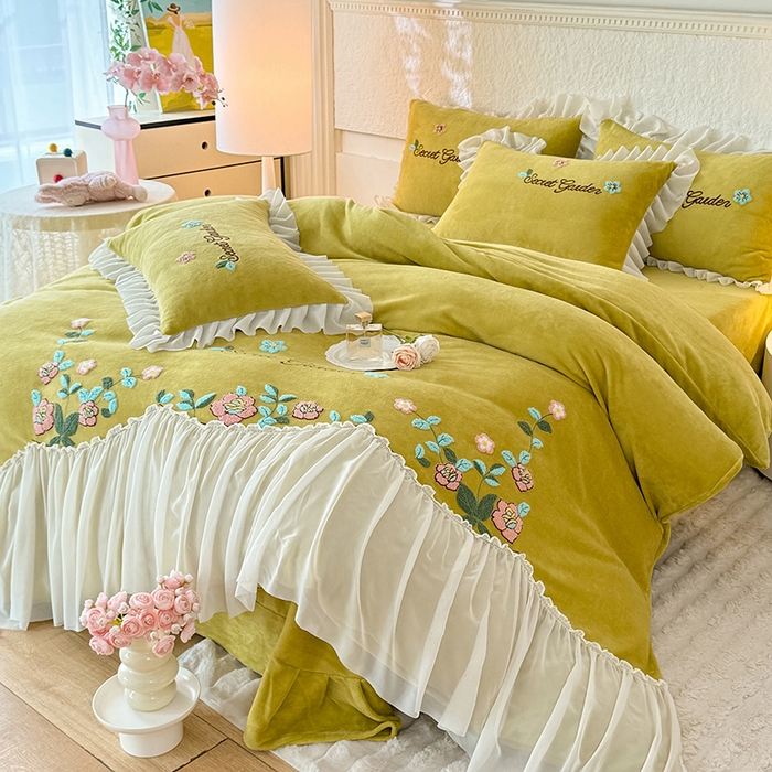 91家纺网 家纺一手货源 找家纺 唐人居 2025新款高克重牛奶绒毛巾绣四件套--繁花 繁花-黄色