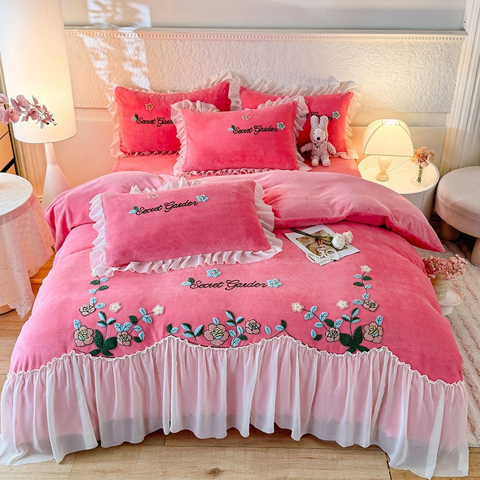 唐人居 2025新款高克重牛奶绒毛巾绣四件套--繁花 繁花-玫红