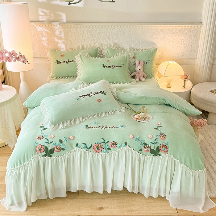 唐人居 2025新款高克重牛奶绒毛巾绣四件套--繁花 繁花-浅绿