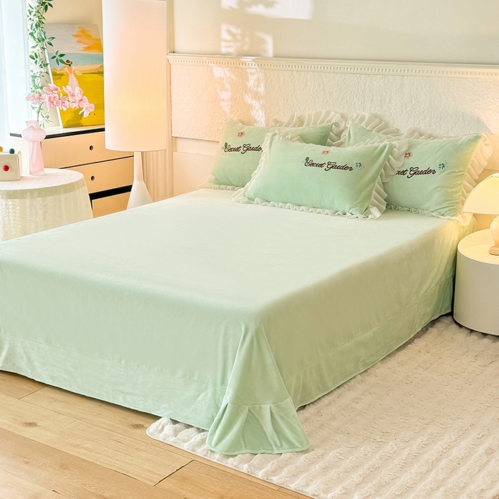 91家纺网 家纺一手货源 找家纺 唐人居 2025新款高克重牛奶绒毛巾绣四件套--繁花 繁花-浅绿