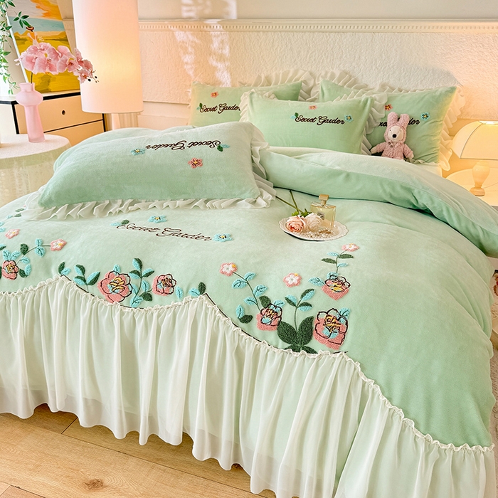 91家纺网 家纺一手货源 找家纺 唐人居 2025新款高克重牛奶绒毛巾绣四件套--繁花 繁花-浅绿