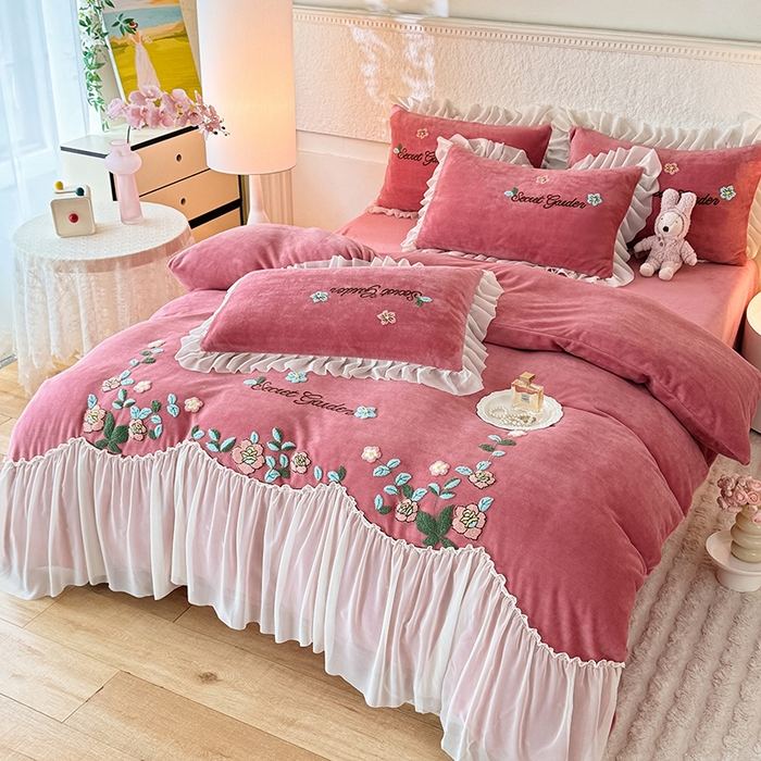 91家纺网 家纺一手货源 找家纺 唐人居 2025新款高克重牛奶绒毛巾绣四件套--繁花 繁花-深豆沙