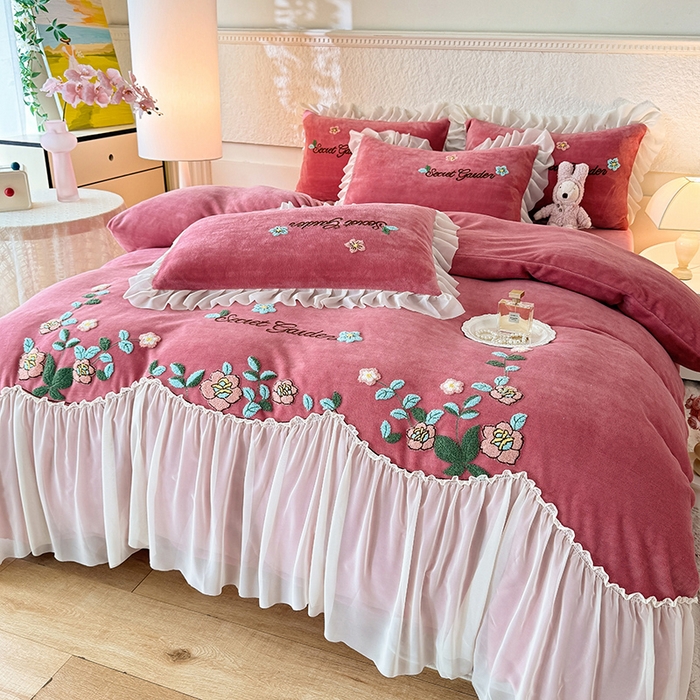 91家纺网 家纺一手货源 找家纺 唐人居 2025新款高克重牛奶绒毛巾绣四件套--繁花 繁花-深豆沙