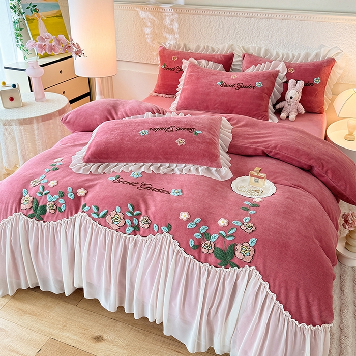 91家纺网 家纺一手货源 找家纺 唐人居 2025新款高克重牛奶绒毛巾绣四件套--繁花 繁花-深豆沙