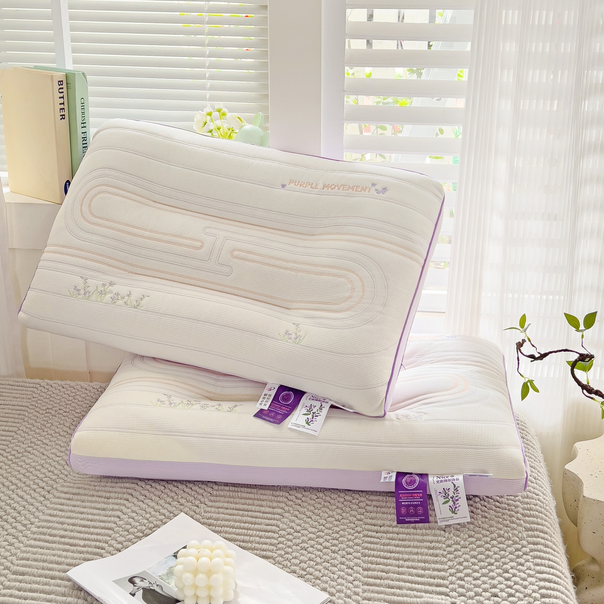 91家纺网 家纺一手货源 找家纺 晚儿 2025新款薰衣草工学护颈枕头枕芯 奶油白