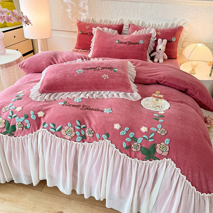 91家纺网 家纺一手货源 找家纺 唐人居 2025新款高克重牛奶绒毛巾绣四件套--繁花 繁花-深豆沙