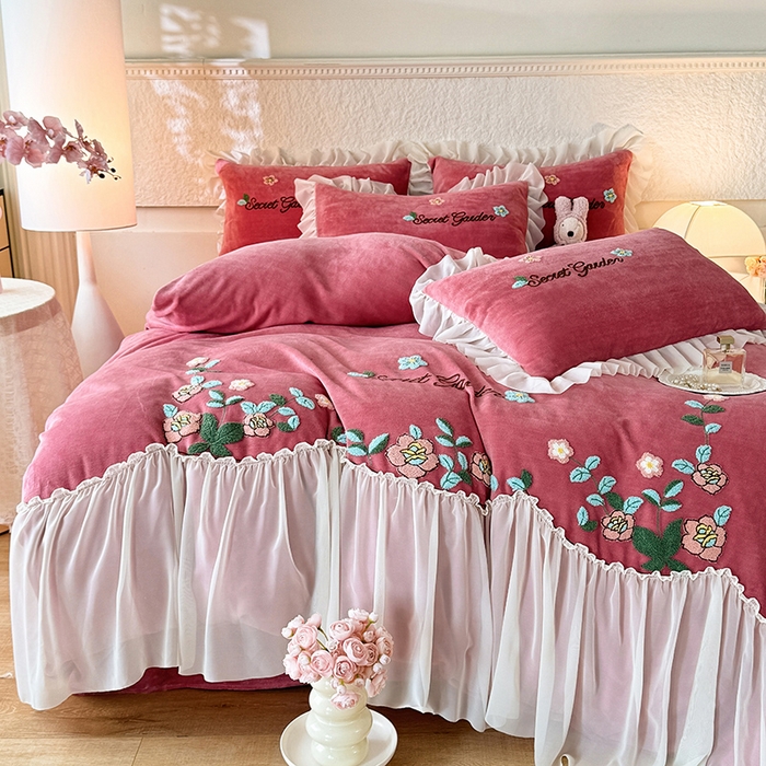 91家纺网 家纺一手货源 找家纺 唐人居 2025新款高克重牛奶绒毛巾绣四件套--繁花 繁花-深豆沙