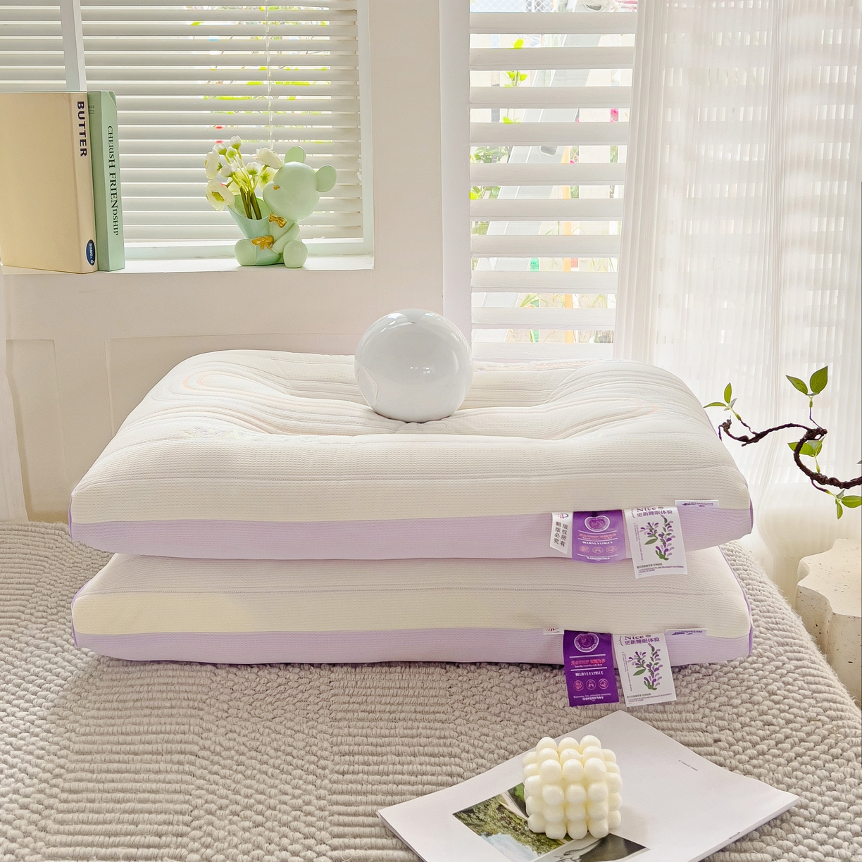 91家纺网 家纺一手货源 找家纺 晚儿 2025新款薰衣草工学护颈枕头枕芯 奶油白