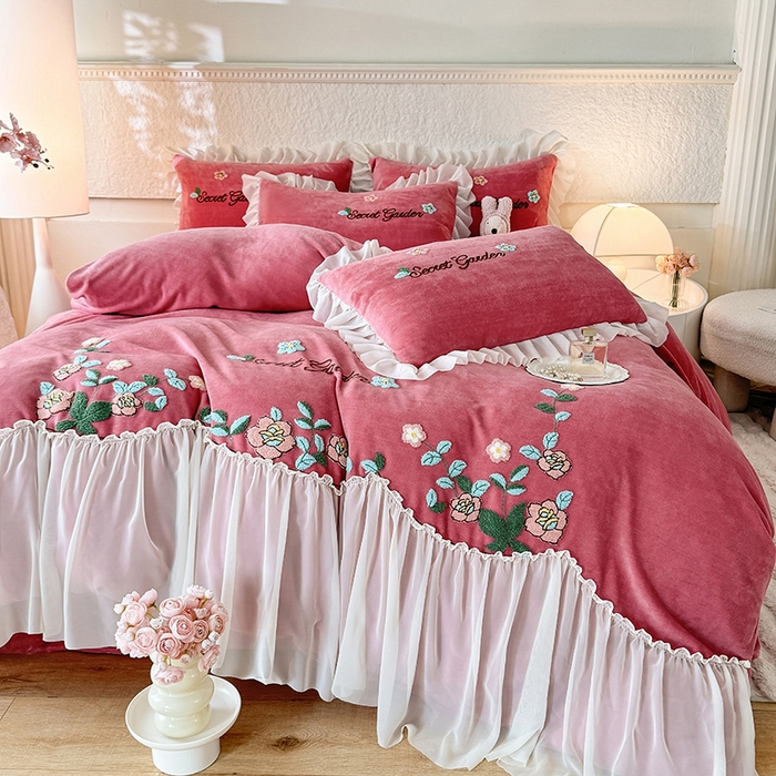 91家纺网 家纺一手货源 找家纺 唐人居 2025新款高克重牛奶绒毛巾绣四件套--繁花 繁花-深豆沙