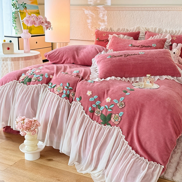 91家纺网 家纺一手货源 找家纺 唐人居 2025新款高克重牛奶绒毛巾绣四件套--繁花 繁花-深豆沙