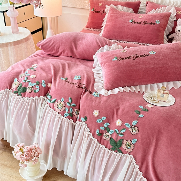 91家纺网 家纺一手货源 找家纺 唐人居 2025新款高克重牛奶绒毛巾绣四件套--繁花 繁花-深豆沙