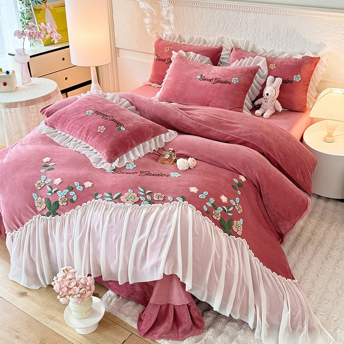 91家纺网 家纺一手货源 找家纺 唐人居 2025新款高克重牛奶绒毛巾绣四件套--繁花 繁花-深豆沙