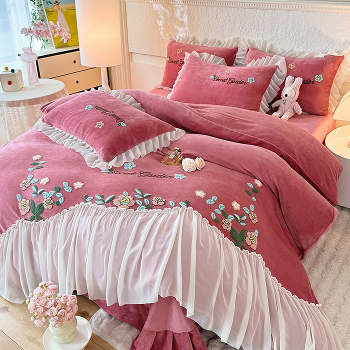 91家纺网 家纺一手货源 找家纺 唐人居 2025新款高克重牛奶绒毛巾绣四件套--繁花 繁花-深豆沙