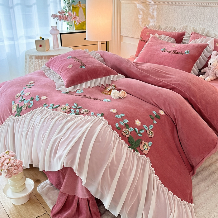 91家纺网 家纺一手货源 找家纺 唐人居 2025新款高克重牛奶绒毛巾绣四件套--繁花 繁花-深豆沙