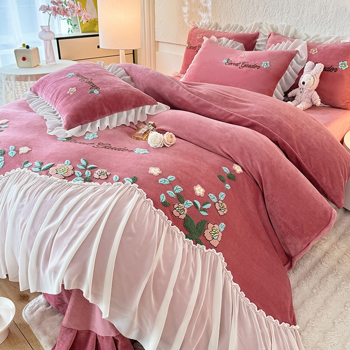 91家纺网 家纺一手货源 找家纺 唐人居 2025新款高克重牛奶绒毛巾绣四件套--繁花 繁花-深豆沙