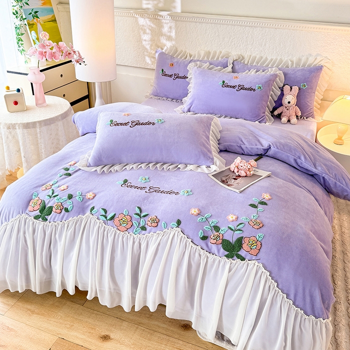 91家纺网 家纺一手货源 找家纺 唐人居 2025新款高克重牛奶绒毛巾绣四件套--繁花 繁花-紫色