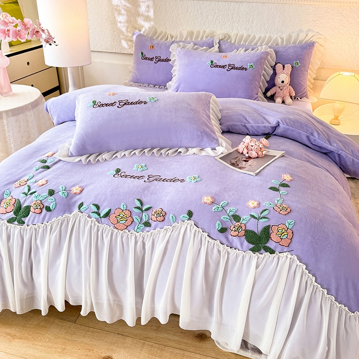 91家纺网 家纺一手货源 找家纺 唐人居 2025新款高克重牛奶绒毛巾绣四件套--繁花 繁花-紫色