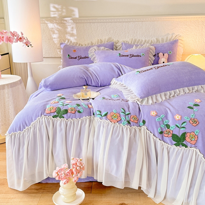 91家纺网 家纺一手货源 找家纺 唐人居 2025新款高克重牛奶绒毛巾绣四件套--繁花 繁花-紫色