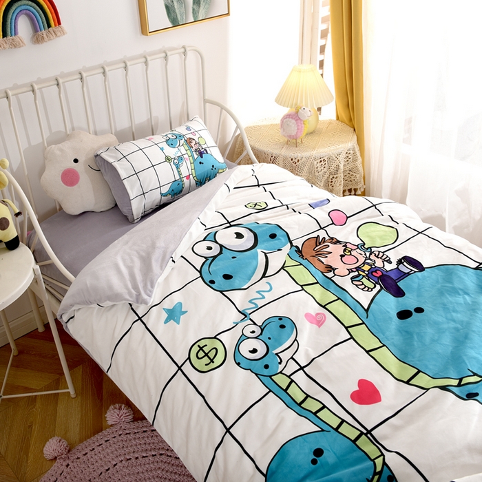 91家纺网 家纺一手货源 找家纺 萌宝家纺 2025秋冬幼儿园宝宝绒婴儿绒三件套被子六件套 恐龙男孩