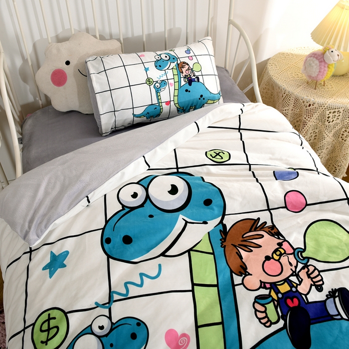 91家纺网 家纺一手货源 找家纺 萌宝家纺 2025秋冬幼儿园宝宝绒婴儿绒三件套被子六件套 恐龙男孩