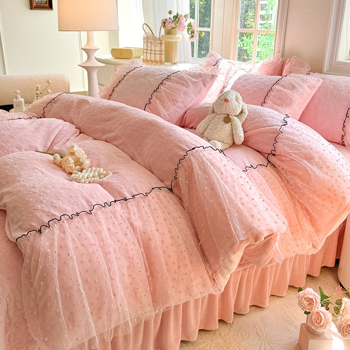 唐人居 2025新款雕花牛奶绒花边四件套--初恋系列 初恋-粉玉