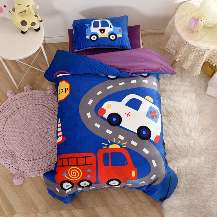 萌宝家纺 2025秋冬幼儿园宝宝绒婴儿绒三件套被子六件套 汽车乐园