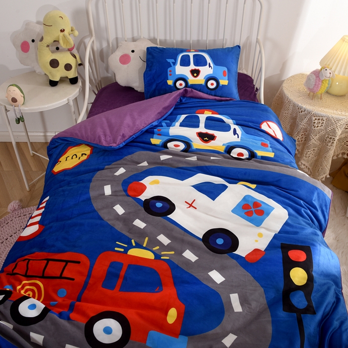 91家纺网 家纺一手货源 找家纺 萌宝家纺 2025秋冬幼儿园宝宝绒婴儿绒三件套被子六件套 汽车乐园