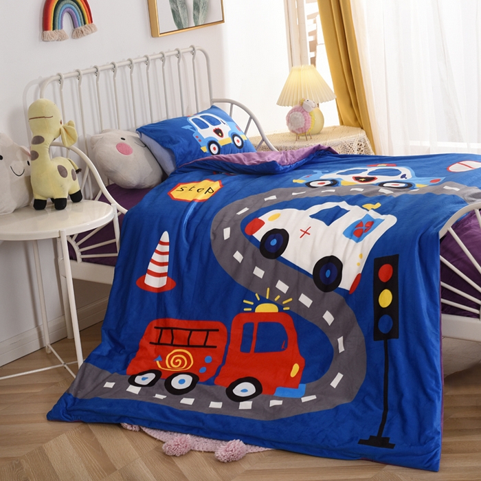 91家纺网 家纺一手货源 找家纺 萌宝家纺 2025秋冬幼儿园宝宝绒婴儿绒三件套被子六件套 汽车乐园