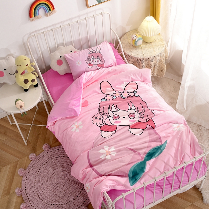 91家纺网 家纺一手货源 找家纺 萌宝家纺 2025秋冬幼儿园宝宝绒婴儿绒三件套被子六件套 水蜜桃女孩