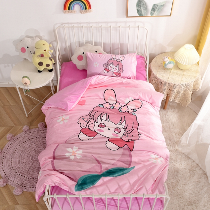 91家纺网 家纺一手货源 找家纺 萌宝家纺 2025秋冬幼儿园宝宝绒婴儿绒三件套被子六件套 水蜜桃女孩