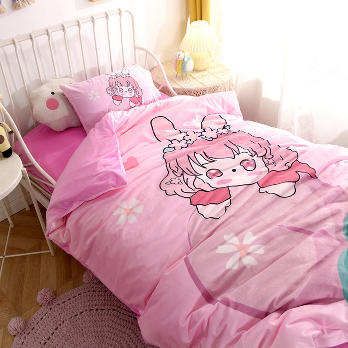 91家纺网 家纺一手货源 找家纺 萌宝家纺 2025秋冬幼儿园宝宝绒婴儿绒三件套被子六件套 水蜜桃女孩