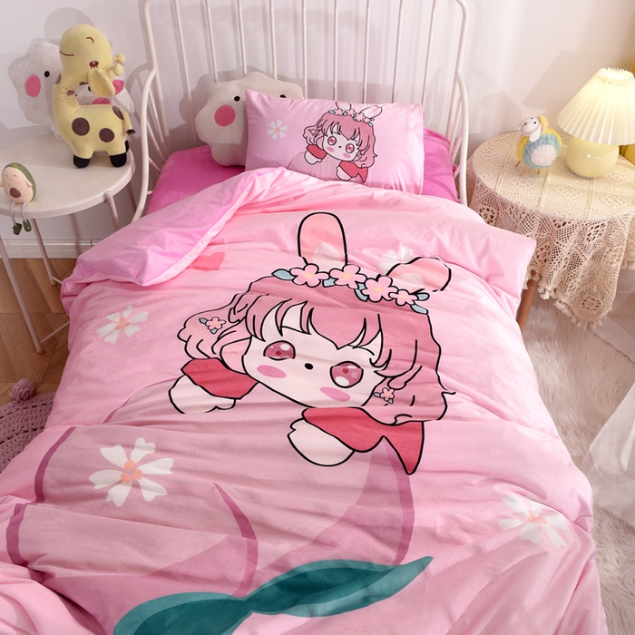 91家纺网 家纺一手货源 找家纺 萌宝家纺 2025秋冬幼儿园宝宝绒婴儿绒三件套被子六件套 水蜜桃女孩