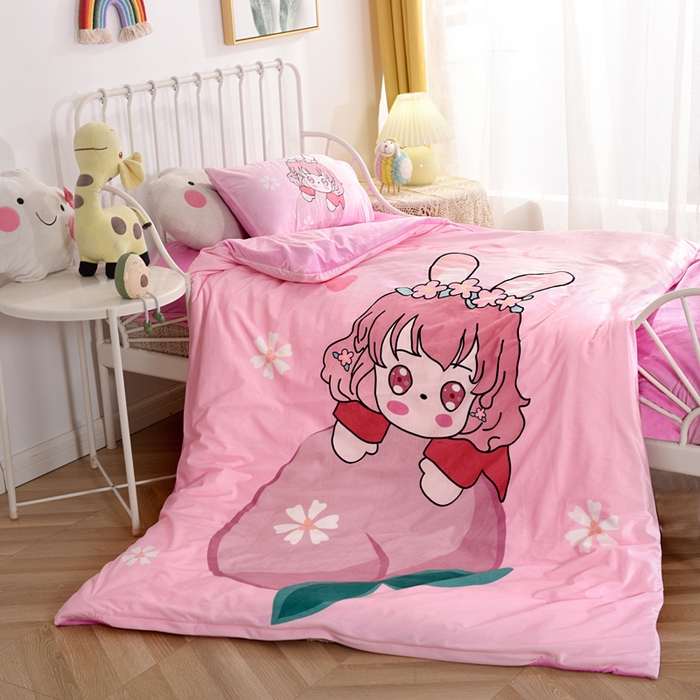 91家纺网 家纺一手货源 找家纺 萌宝家纺 2025秋冬幼儿园宝宝绒婴儿绒三件套被子六件套 水蜜桃女孩