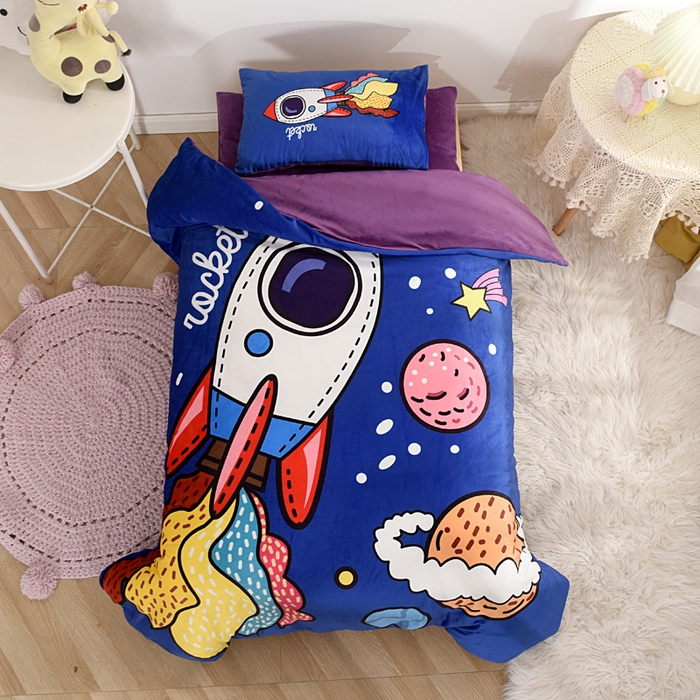 萌宝家纺 2025秋冬幼儿园宝宝绒婴儿绒三件套被子六件套 太空飞船