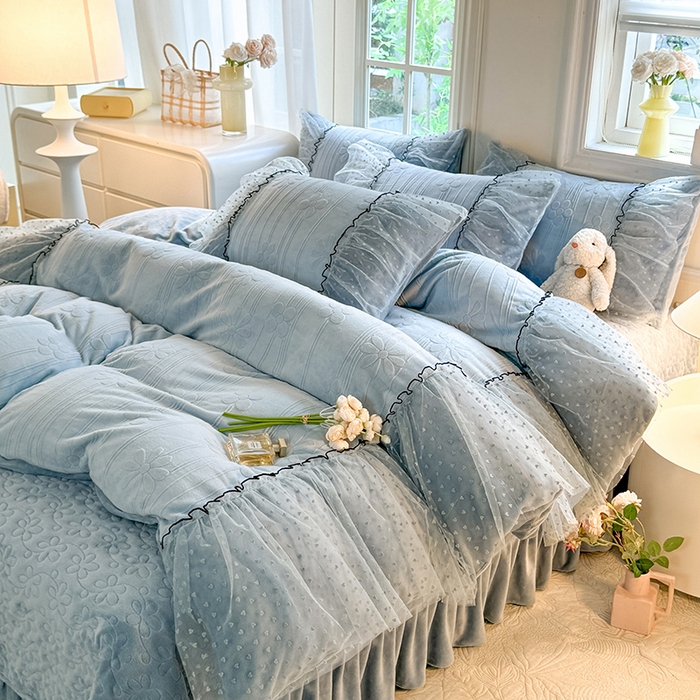 唐人居 2025新款雕花牛奶绒花边四件套--初恋系列 初恋-水兰