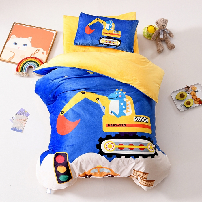 萌宝家纺 2025秋冬幼儿园宝宝绒婴儿绒三件套被子六件套 挖掘机