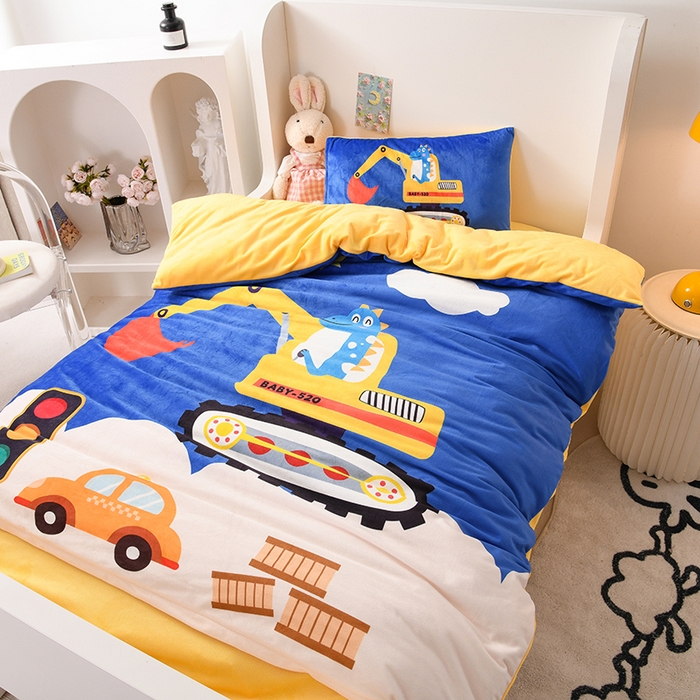 91家纺网 家纺一手货源 找家纺 萌宝家纺 2025秋冬幼儿园宝宝绒婴儿绒三件套被子六件套 挖掘机