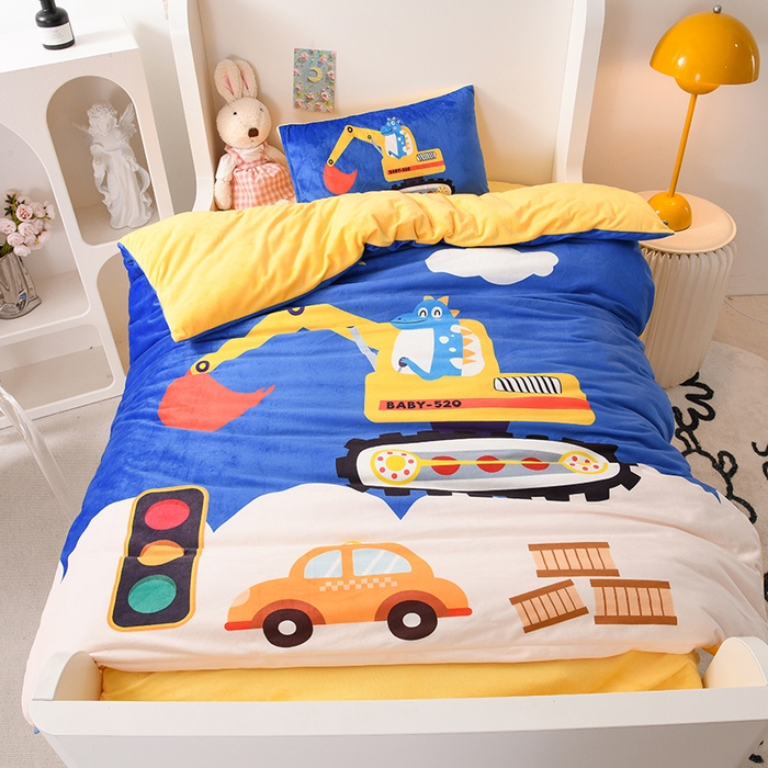 91家纺网 家纺一手货源 找家纺 萌宝家纺 2025秋冬幼儿园宝宝绒婴儿绒三件套被子六件套 挖掘机