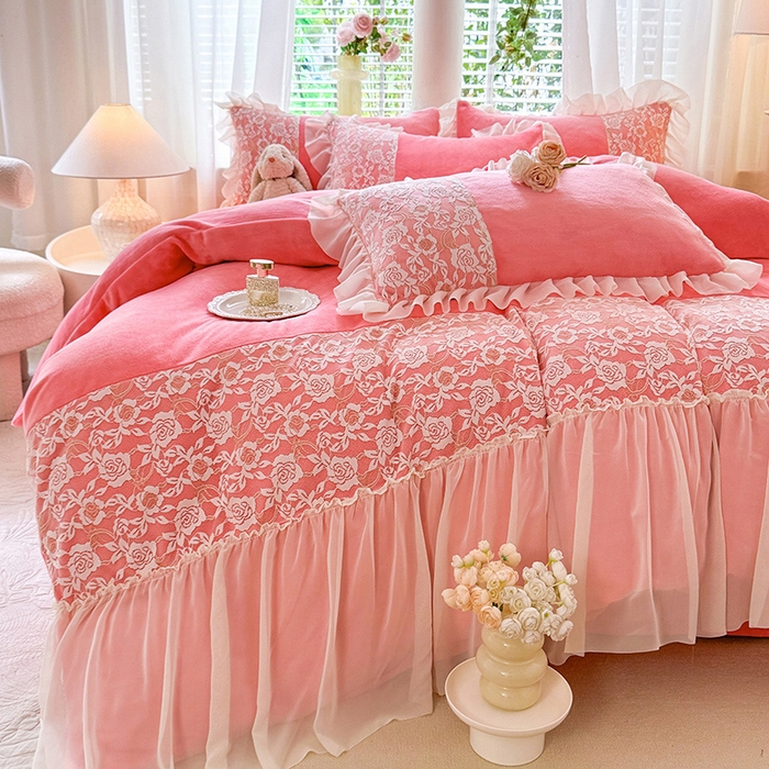 91家纺网 家纺一手货源 找家纺 （总）唐人居 2025新款高克重牛奶绒蕾丝雪纺花边四件套-丘比特