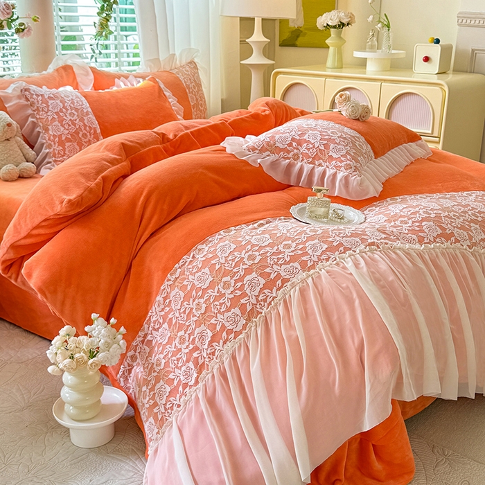 91家纺网 家纺一手货源 找家纺 （总）唐人居 2025新款高克重牛奶绒蕾丝雪纺花边四件套-丘比特